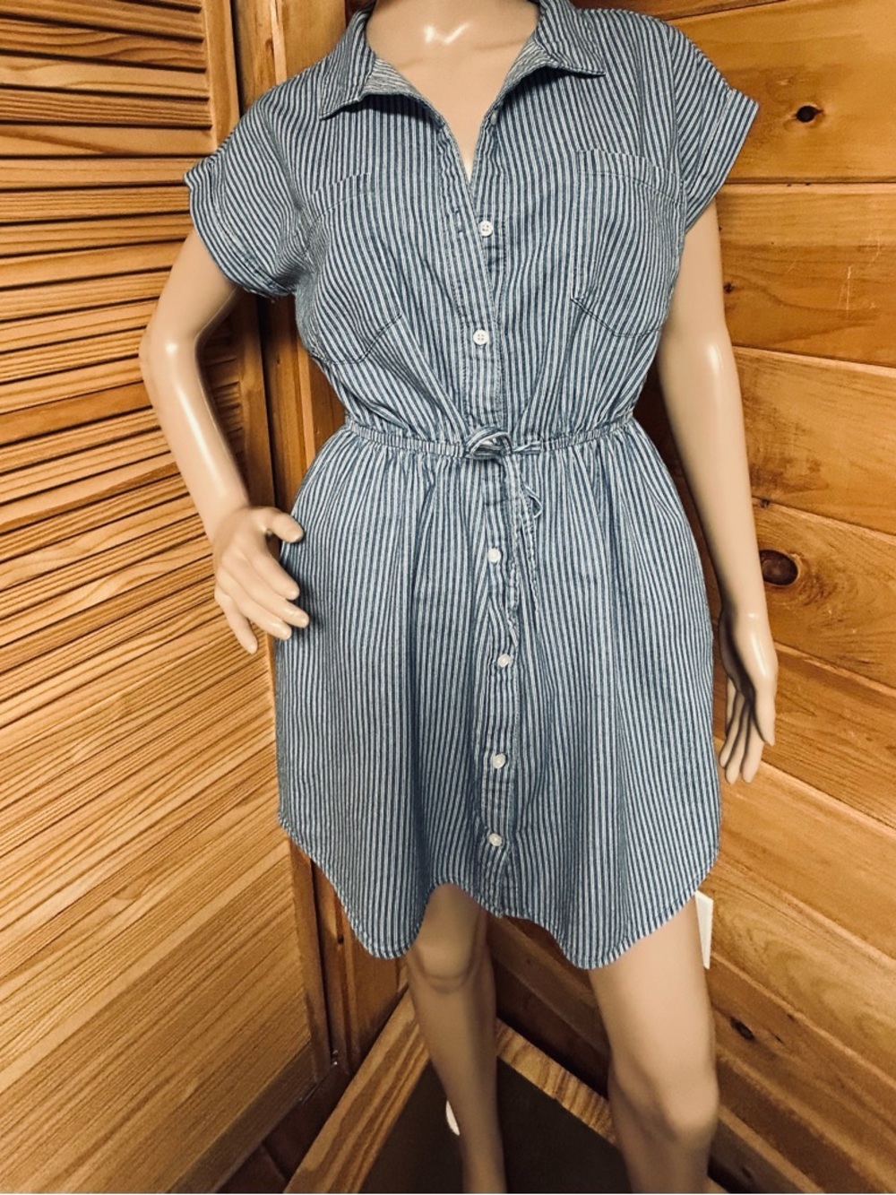 Shirt dress blue chambray striped size medium